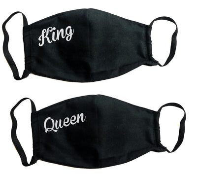 Máscara facial negro impresión King Queen para parejas, máscara de cara negra lavable adulto